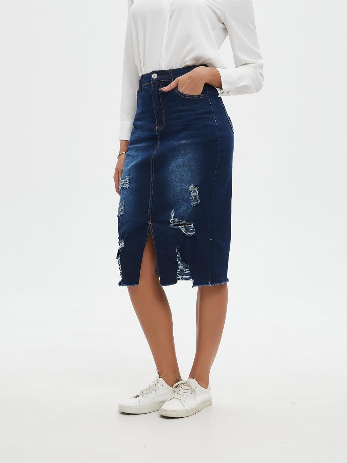 Women's Denim Skirt High Waisted Stretch Distressed Midi Skirt for Everyday Chic Y2K Style - Image 5
