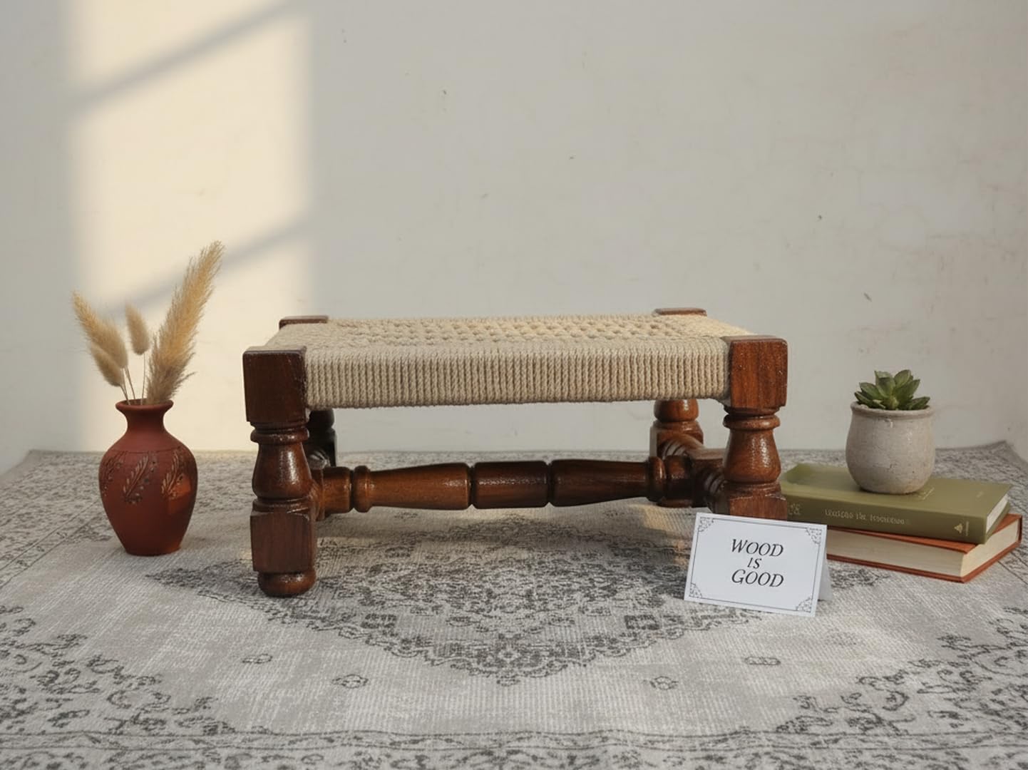 Wooden Handmade Woven Stool Small Square & Jute Stool || Charpai Khat Manjhi Wooden Small Decorative Chowki Handicrafts Gift Item Home & Living Room Decoration-image-16