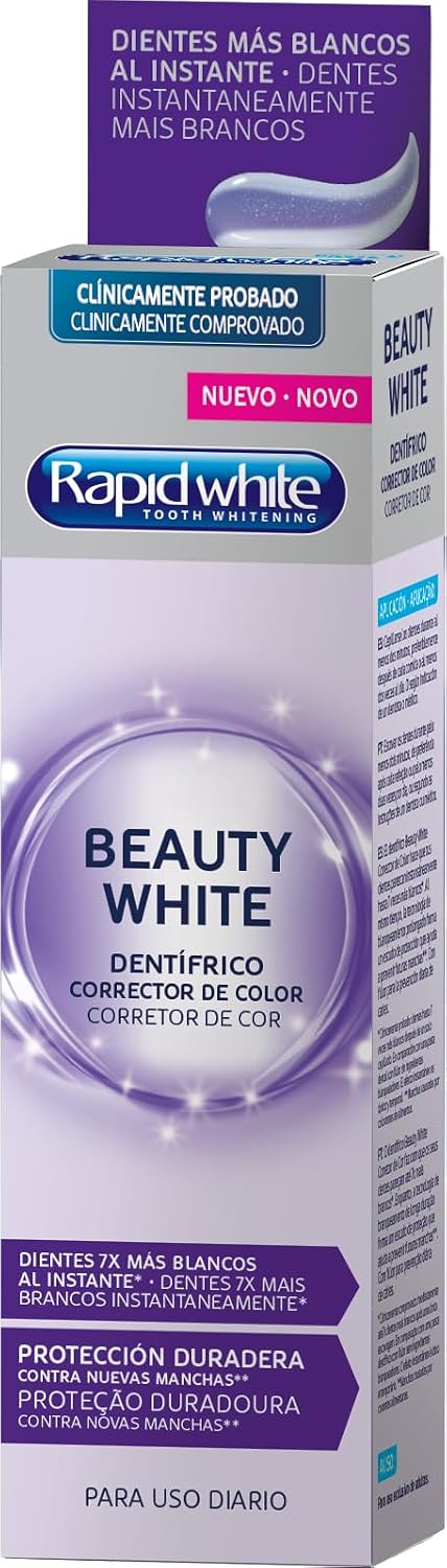 Rapid White, Beauty White Pasta de Dientes Blanqueadora con Pigmentos Morados, Corrección Inmediata Hasta 7 Tonos Más Blancos, Previene la Formación de Sarro y Placa, Uso Diario, Sin Peróxido, 75 ml