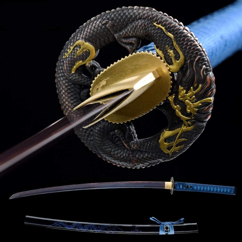 YONG XIN SWORD Samurai Katana Sword Japanese Full Tang Sharp 1060 Carbon Steel Damascus Handmade Clay Tempered (Dragon-Damascus)