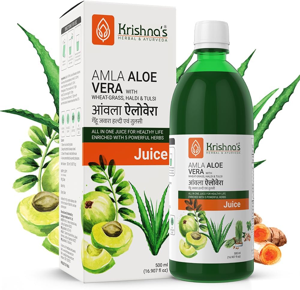 Krishna's Amla Aloe Vera Wheat-grass, Haldi & Tulsi Juice - 500 ml (Pack of 1) | Powerful Antioxidant | Enriched with Vitamin C | All in one drink with Aloe Vera, Amla, Haldi, Tulsi & Wheatgrass