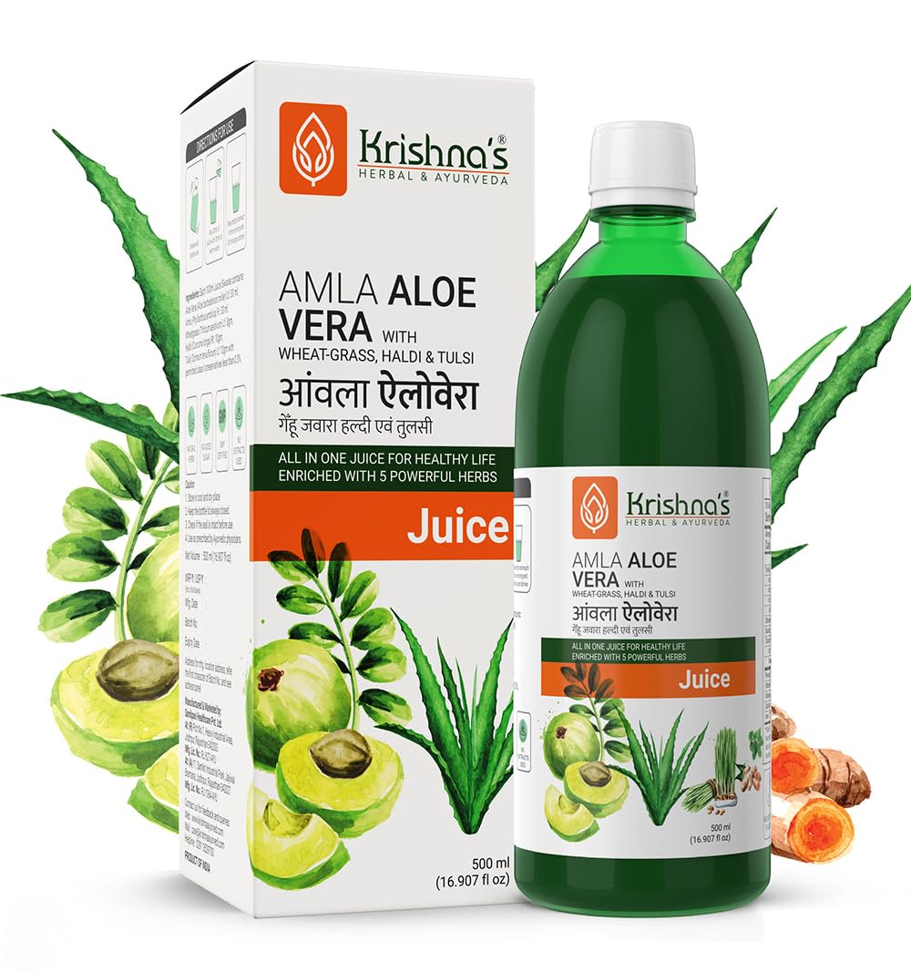 Krishna's Amla Aloe Vera Wheat-grass, Haldi & Tulsi Juice - 500 ml (Pack of 1) | Powerful Antioxidant | Enriched with Vitamin C | All in one drink with Aloe Vera, Amla, Haldi, Tulsi & Wheatgrass