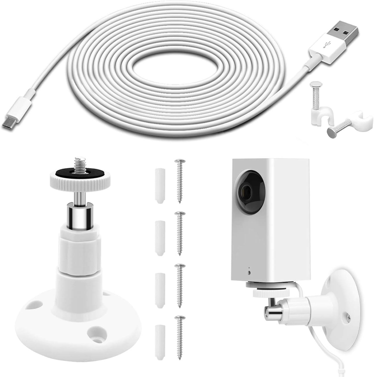 Wall Mount for Wyze Cam Pan Security Camera with 26FT Charging Cable, for Wyze Cam Pan v2 Mounting Kit Including Charging and Data Sync Cord, 360 Degree Adjustable Ceiling Mount, and 30 Wire Clips