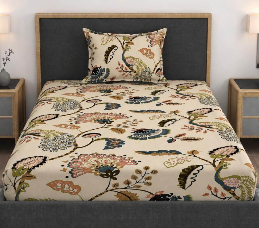 Image of Vram Premium Heavy Cotton Elastic Fitted Bedsheets with 1 King Size Pillow Covers || Single Bed with All Around Elastic 350 TC || 36 x 78 x 6 Inch Single Size Fitted || :- Jaipuri Peacock
