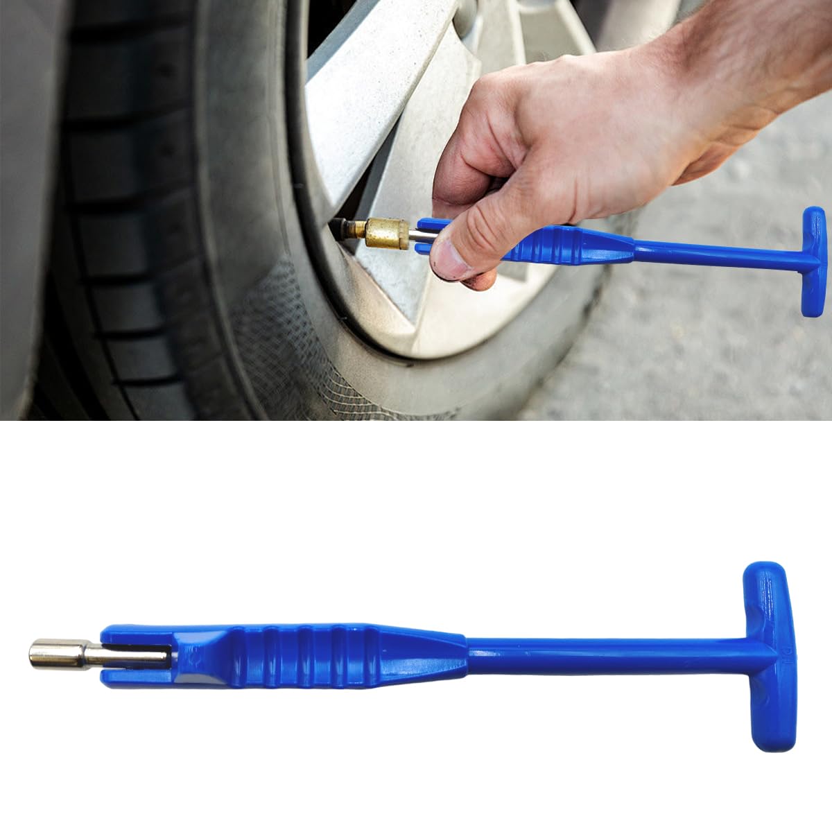 Car Tire Valve Stem Puller/Installer Tool with T Handle, No Scratch Wheel Valve Stem Remover Extender Adapter Replacement, Auto Tire Valve Stem Removal &amp; Installation Repair Tool (T-Blue)