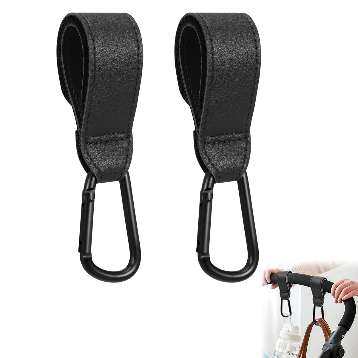 snowie soft 2pcs hanging hook for pram stroller-adjustable pu leather clip with quick release carabiner, universal attachment for stroller, bike, pushchair-durable and stylish storage solution,black