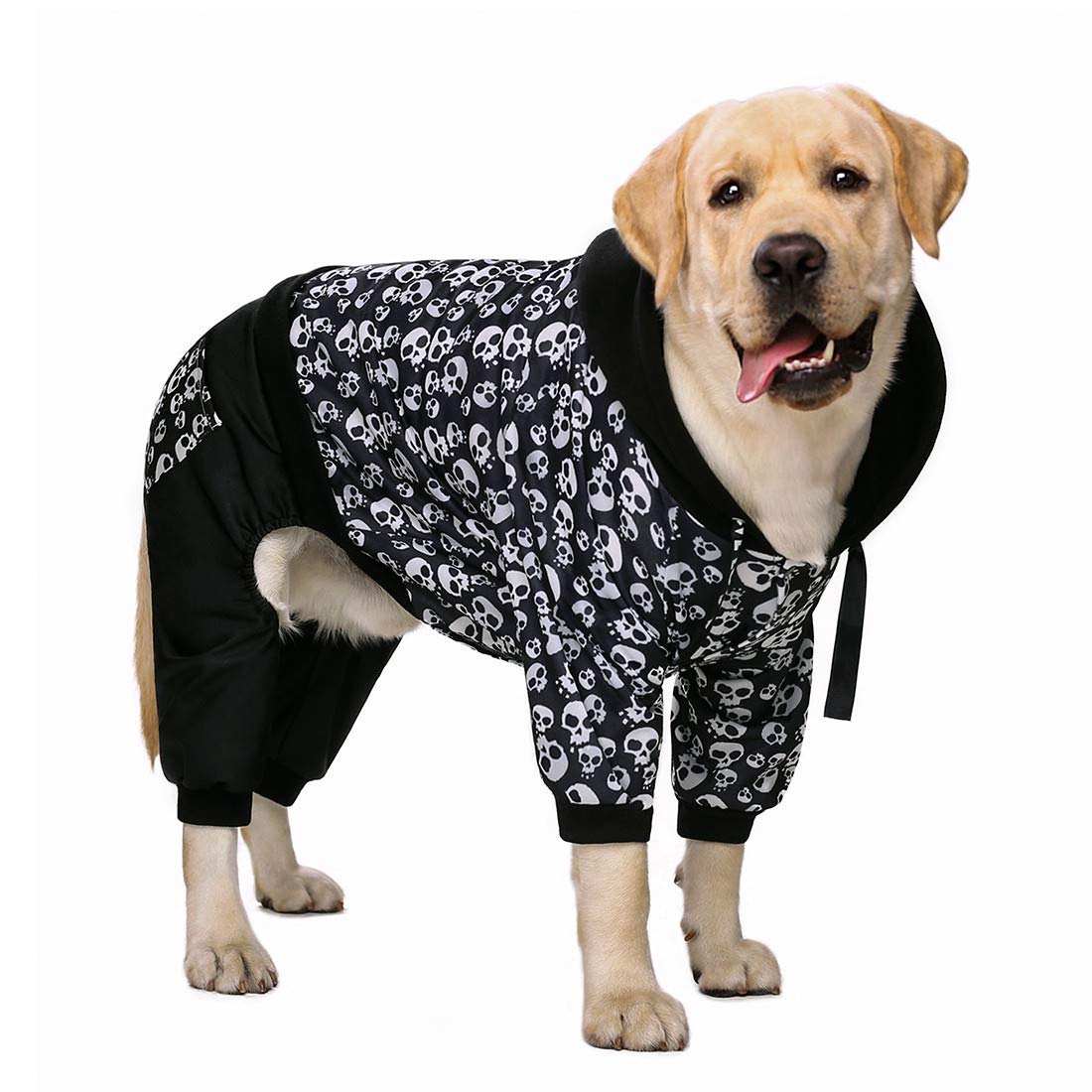 Halloween Skeleton Dog Costume - Black Fleeced Hoodie with Pocket for Medium to Large Dogs