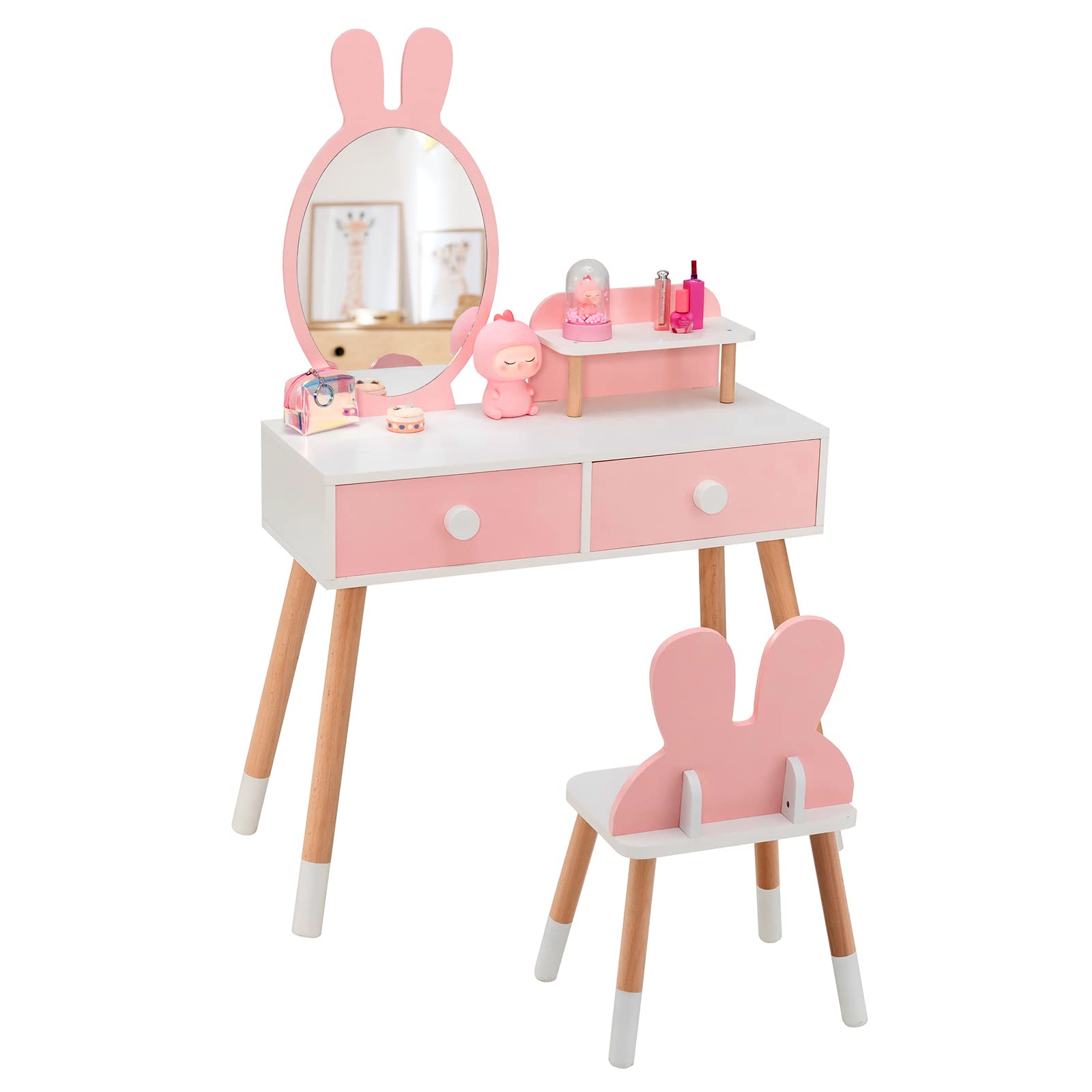 RELAX4LIFE 2 in 1 Toeletta Trucco Bambina con Specchio e Sgabello, Set Tavolo da Trucco con 2 Cassetti, Centro di Bellezza, Giocattolo da Trucco per Bambini dai 3 ai 7 Anni (Rosa)