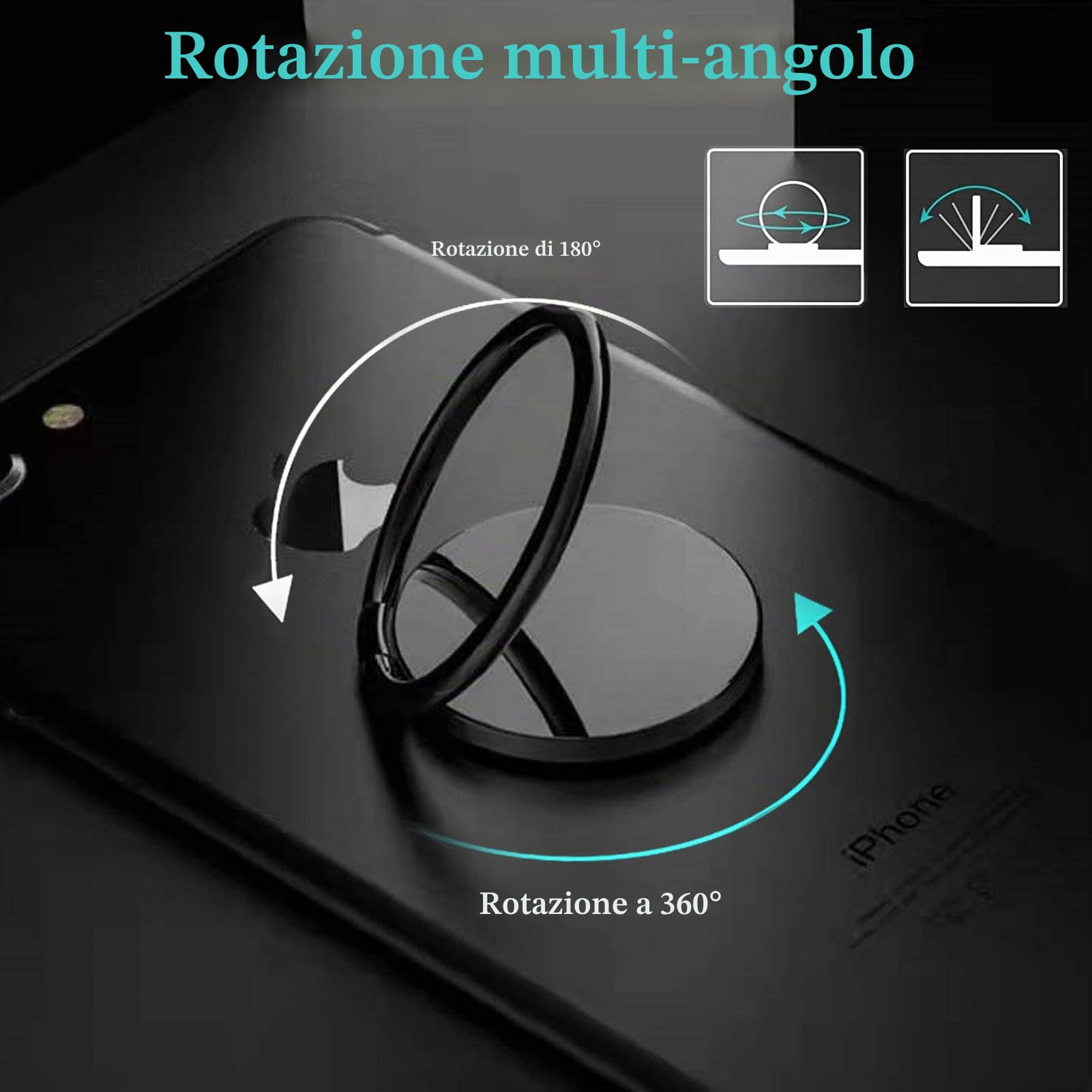 Anello Supporto Telefono, Universale Cellulare Anello Metallico Rotazione 360° Supporto per anulare Smartphone Ring Compatibile con iPhone, Samsung, HUAWEI, LG, e tutti gli smartphone (Nero)