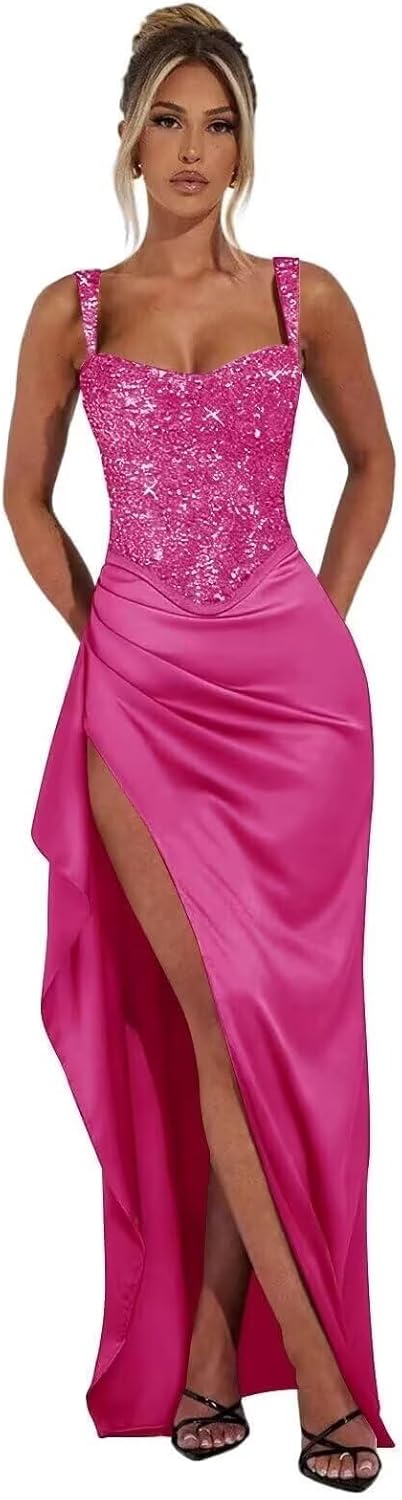 Square Neck Prom Dresses 2026 with Slit Ruffle Ruched Sparkly Sequin Fuchsia Formal Dress Long Plus Size Mermaid Cocktail Evening Gown 28W