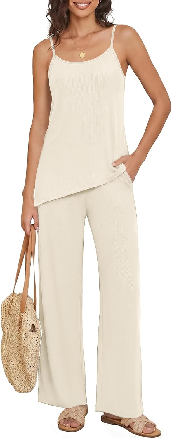 Casly Lamiit 2 Piece Sets for Women Summer Vacation Outfits Spaghetti Strap Wide Leg Pant Set