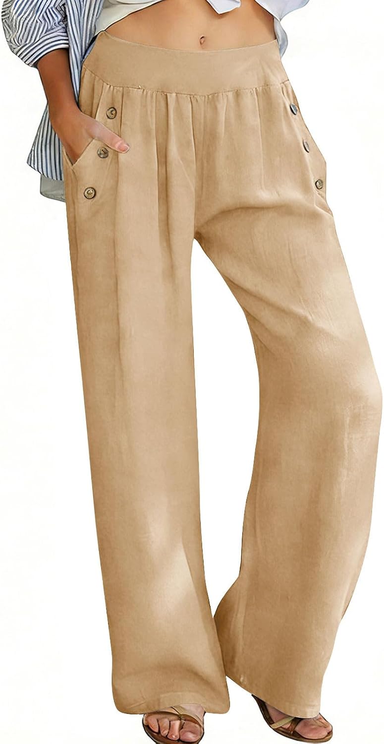 Linen Pants Women Wide Leg Elastic Waist Cotton Flowy Palazzo Casual Pants with Pockets Beach Travel Trousers