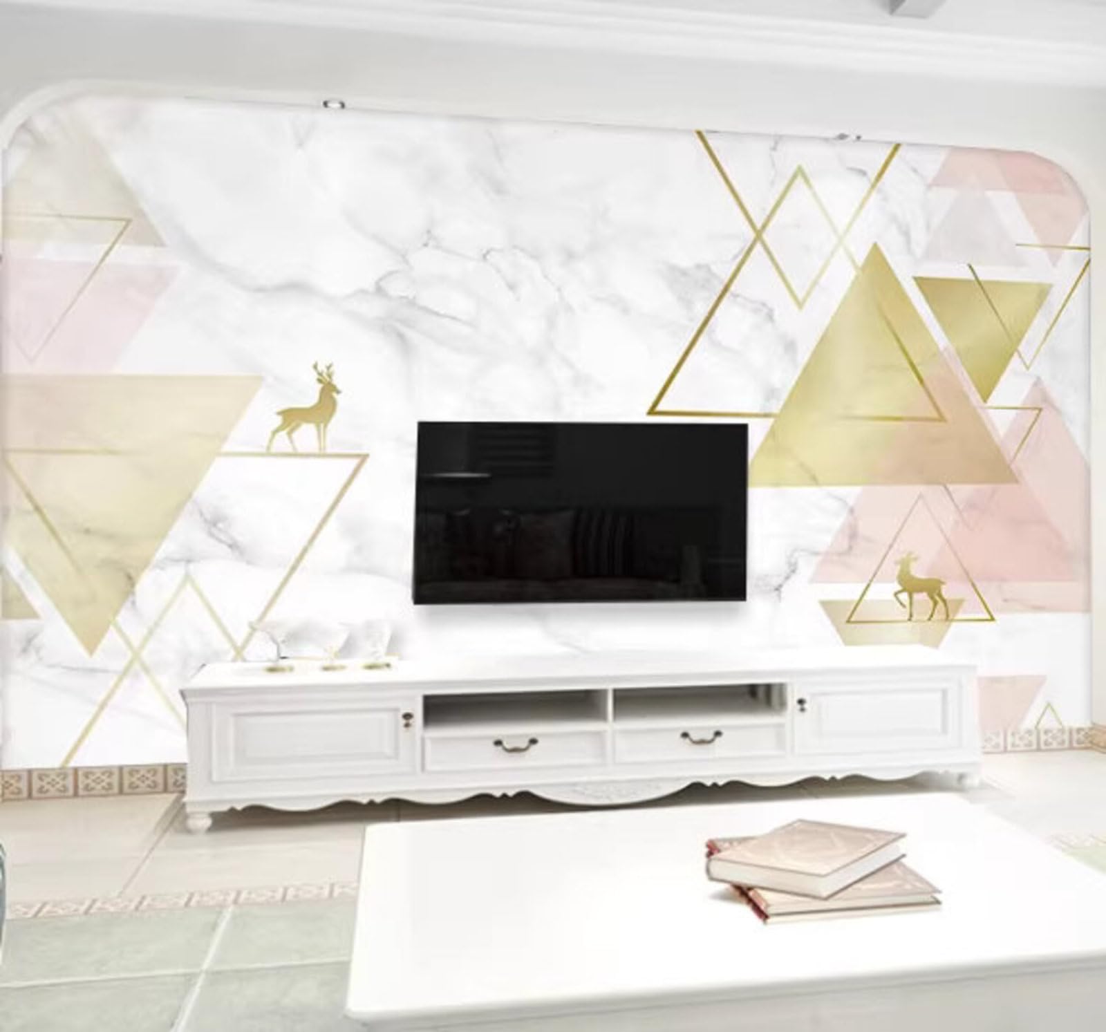 Wallpaper-3D-Xlm 400Cm×280Cm(B×H) Minimalist Geometric Lines Colour Blocks Reindeer Faux Marble 3D Wallpaper Easy Install Feature Office Living Room Sofa Bedroom Tv Background Wall Decoration-400Cm×280Cm