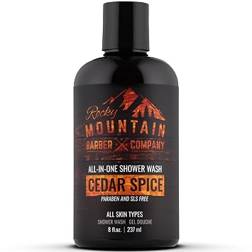 Rocky Mountain Barber Company Cedar Spice All-In-One Body Wash Shampoo, Body Wash, Conditioner, Face Wash & Beard Wash with Essential Oils - 8 oz