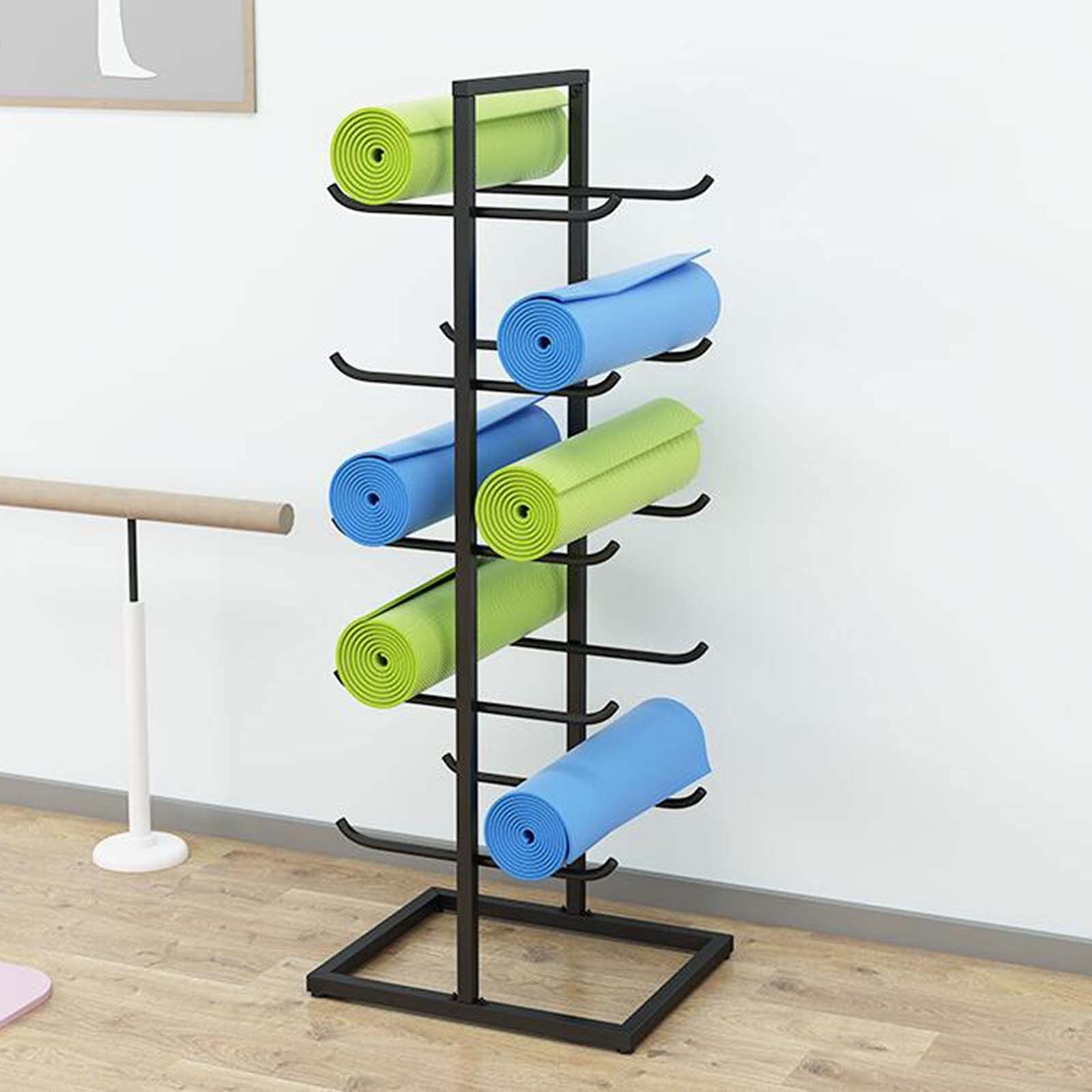 Support à tapis de yoga à 5 niveaux en métal noir pour 10 tapis de fitness