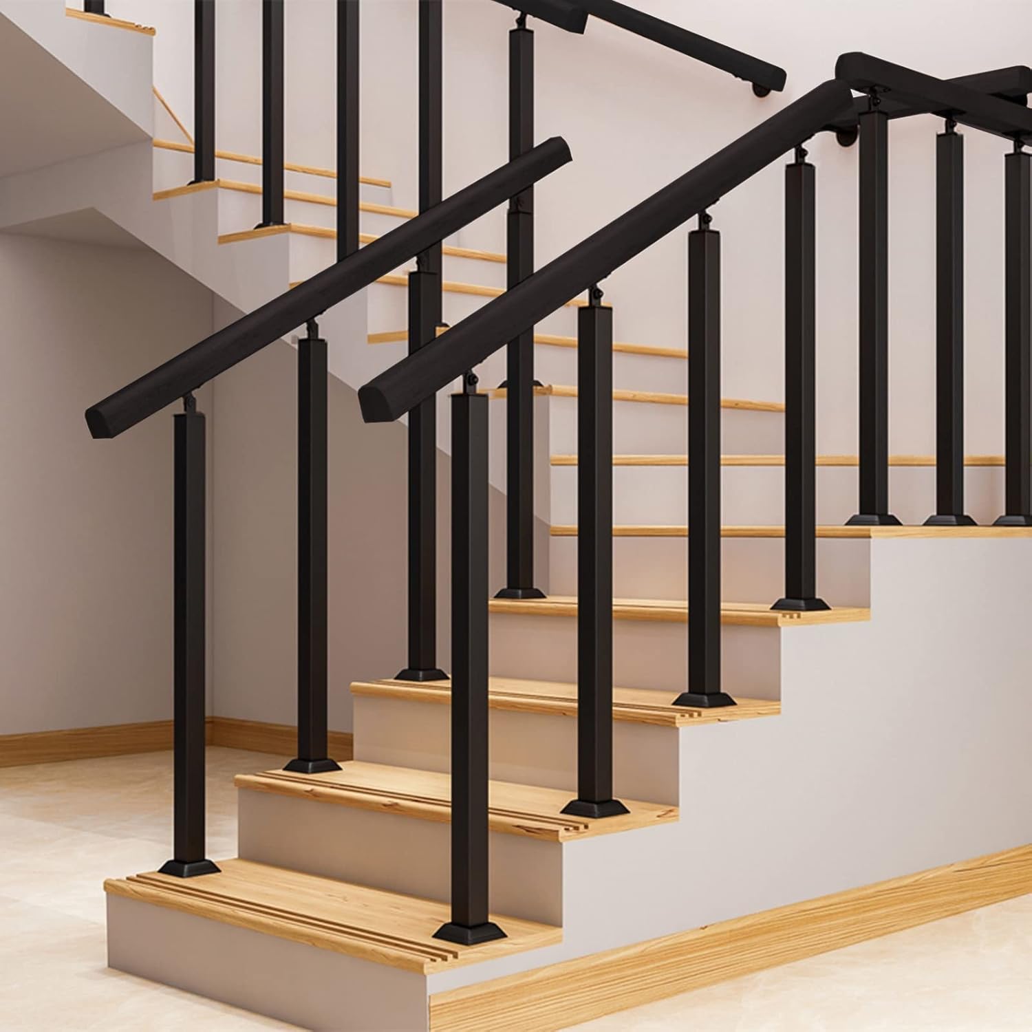 Black Square Spindle Baluster Post, Interior Exterior Garden Deck Step Railing Column/Post with Flat/Tilt Brackets & Screws, Vertical Staircase System Handrail(Handrail Length 90cm/35.4")