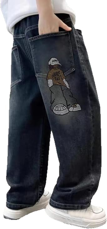 Boys Baggy Jeans Kids Casual Wide Leg Cargo Jeans Elastic Waist Denim Pants with Pockets Y2k Pants Loose Trousers 13-14 Years 07 Blue