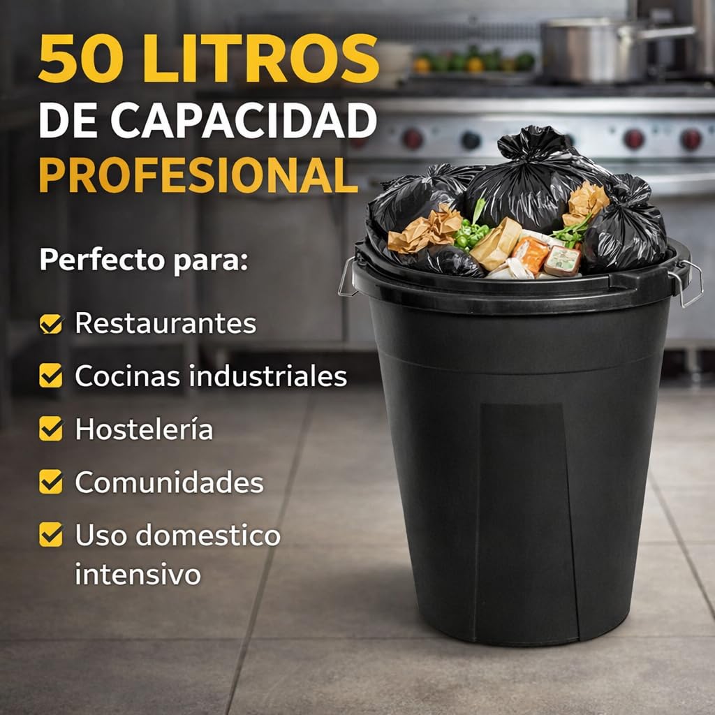 Cubo de Basura Industrial con Tapa – Contenedor Profesional Negro de 50L o 100L – Polipropileno Reciclado Resistente – Asas Metálicas Galvanizadas – para Hostelería, Cocina, Industria (50 litros)
