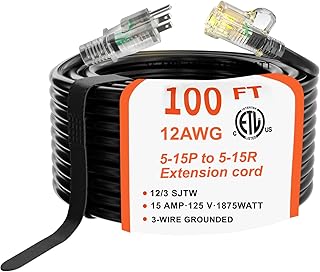 100 ft 12/3 Gauge Heavy Duty Outdoor 15Amp EV Charger Extension Cord Waterproof with Lighted, Flexible Cold Weather 3 Prong Electric Cord Outside, 12AWG 15A 1875W 125V SJTW, ETL Listed