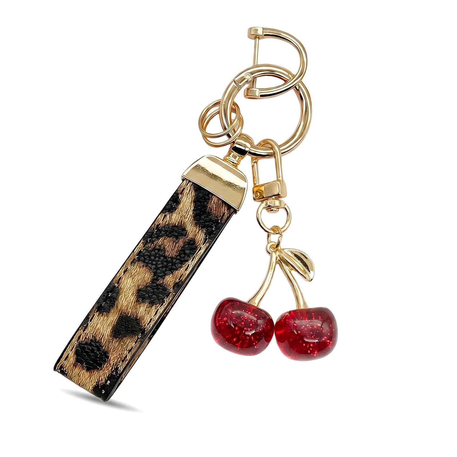 Glimbely Leather Keychain Wristlet Leopard Print Keyring with Cherry Bag Charm Cute Car Key Accessories for Women and Girls (Red)