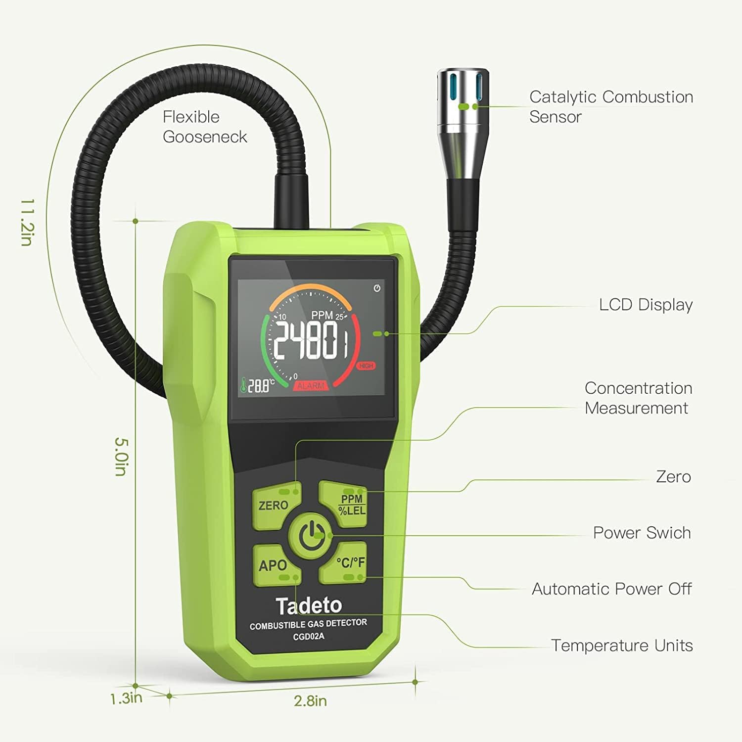 Diagram of Tadeto Natural Gas Detector showing dimensions and button functions: Zero, PPM/%LEL, Power Switch, APO (Automatic Power Off), Temperature Units