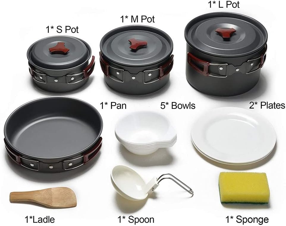 Outdoor Camping Cookware Kit Non Stick Pans Lightweight Cooking Set and Pots for Trekking Hiking Picnic