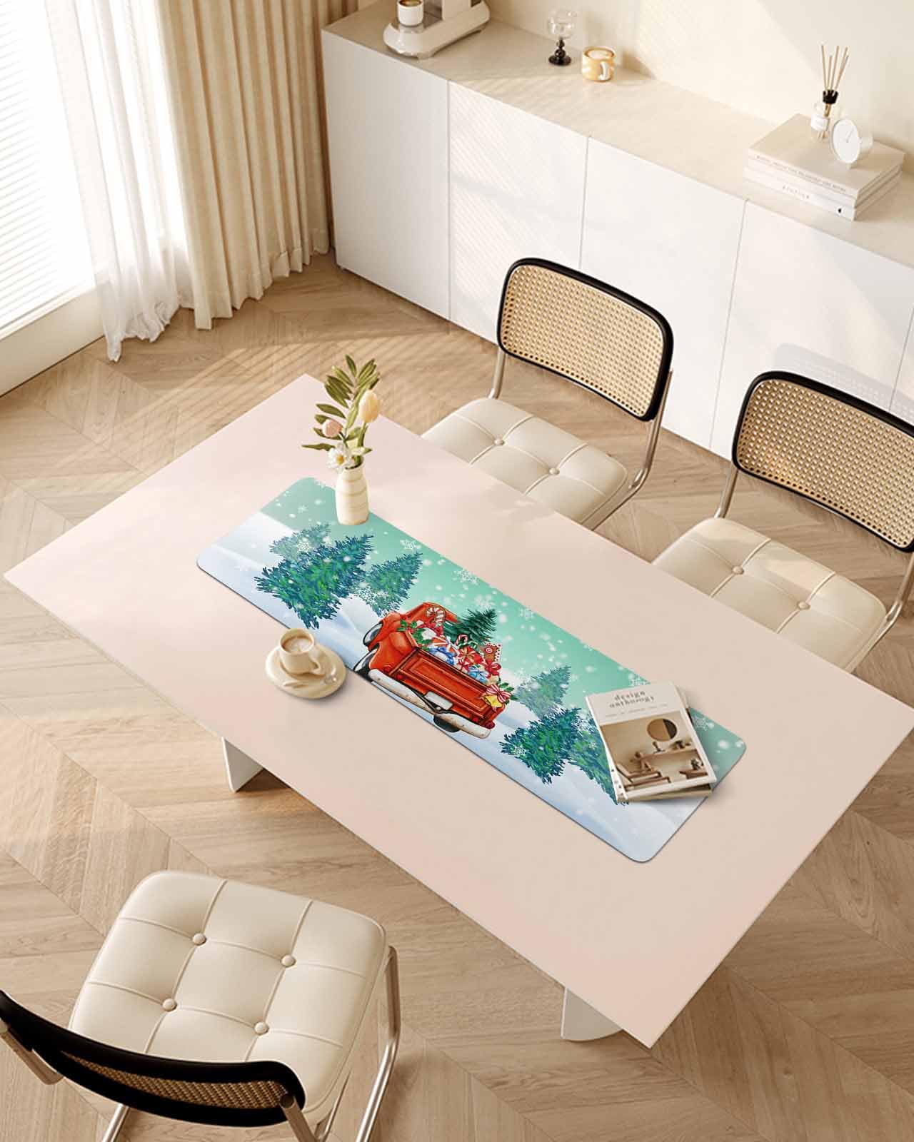 Debedcor Heat Proof Table Pads Waterproof Decorative, Christmas Red Truck Non-Slip Table Countertop Protector, Xmas Trees Gifts Snow Teal Green Insulation Mat for Dining Room, 48 x 12 Inches