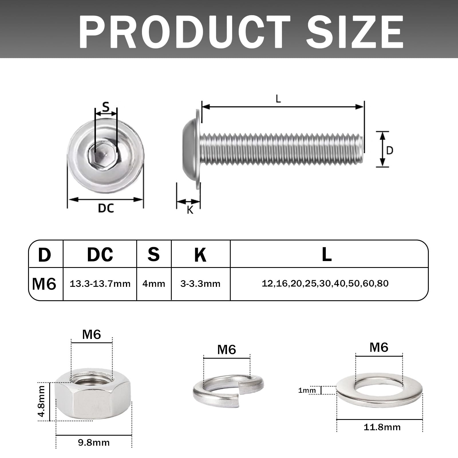 QANCEN 10 Pcs Flanged Button Head Socket Cap Screws M6x16mm - Image 2