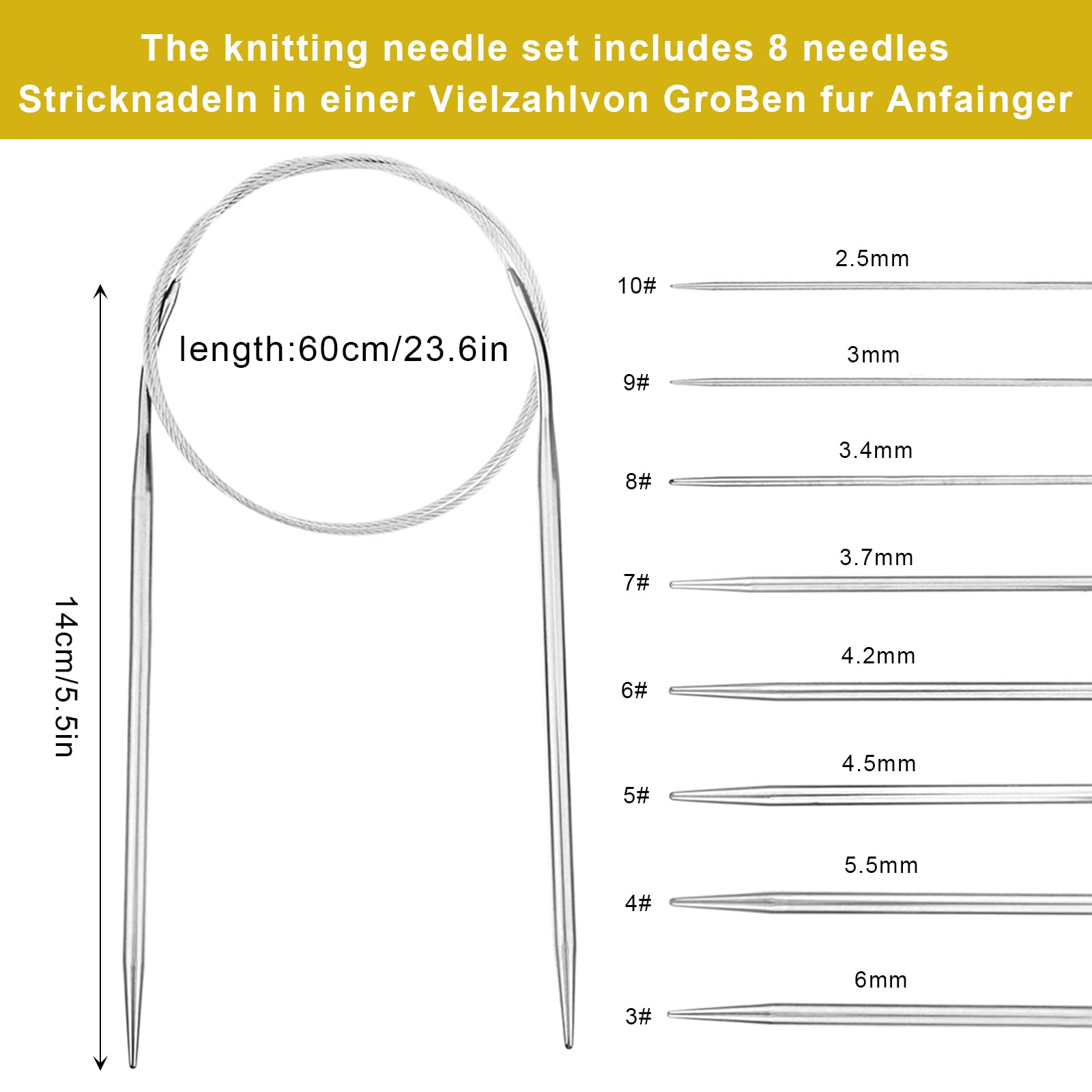 Set 8 Aiguilles à Tricoter Circulaires En Acier - 60cm Taille 2,5-6mm