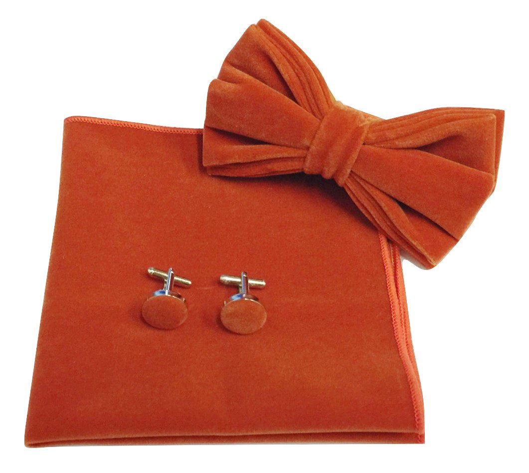 L&L® Men's Classic Velvet Bow Tie + Pocket Square Hanky + Cuff links Set UK (Orange)