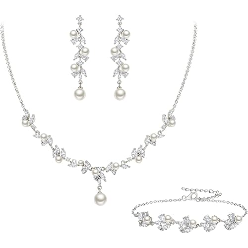 EleQueen Women's Simulated Pearl Wedding Jewelry Set, Cubic Zirconia Marquise Floral Bridal Necklace Earrings Bracelet Sets