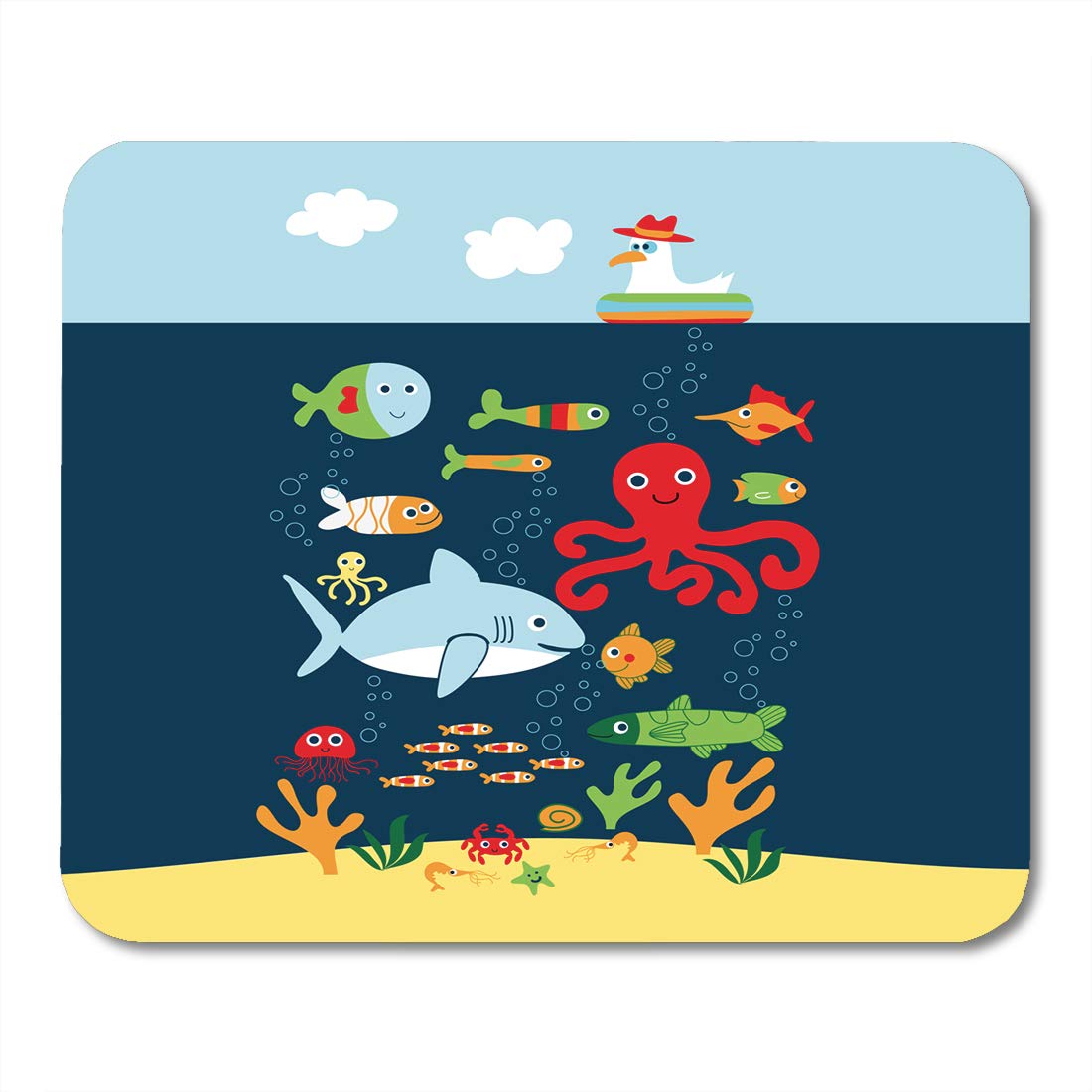 Emvency Mouse Pads Colorful Shark Marine Life Creatures Underwater Animals Crab Cute Sea Mousepad 9.5" x 7.9" for Laptop,Desktop Computers Accessories Mini Office Supplies Mouse Mats