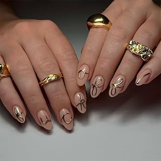 Almond Press on Nails Medium Fake Nails French Tip Fake Nails with Gold Bow Designs Glossy Stick on Nails Cute Artificial Nails for Women 24Pcs