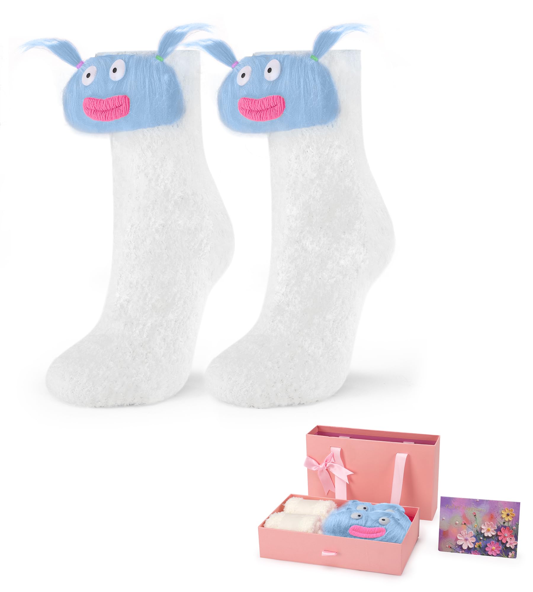 Cute Crazy Fuzzy Socks Funny Gift for Girls Teens Women Fluffy Super Soft Sleep Socks Fun Furry Slipper Socks Novelty Gifts for Winter Christmas Birthday Size 4-10 Blue