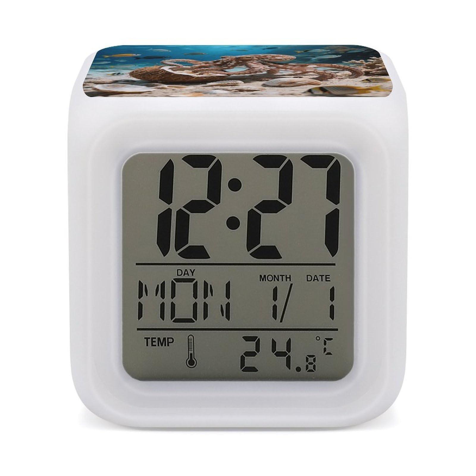 7 Color Ambient Night Light Cube Battery Operated Coconut Octopus Digital Clock with Snooze Temperature LED Digital Alarm Clocks Dimmable Wake Up Light Portable Mood Lamp for Bedroom Desk Gift