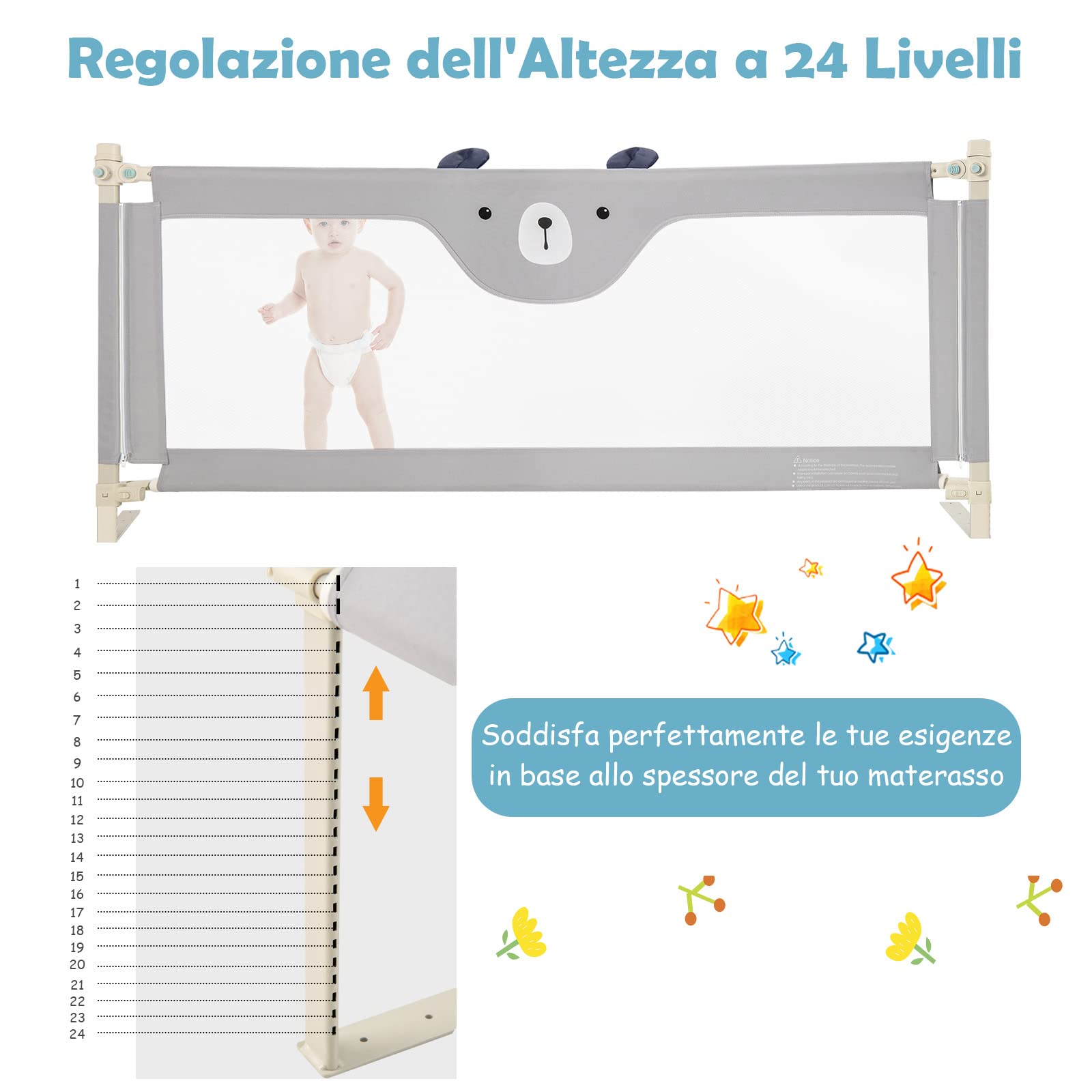 RELAX4LIFE Sponda Letto per Bambini, Barriera Protettiva con Doppio Blocco di Sicurezza per Bambini, Altezza Regolabile a 24 Livelli, Lunghezza 145/174 cm (174cm, Orso)