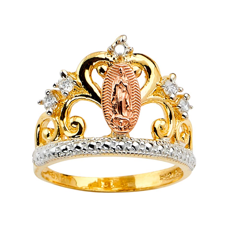 Savlano 18K Gold Plated Yellow & Rose Color Lady of Guadalupe Virgin Mary with Round Cut Cubic Zirconia Women Religious Crown Ring