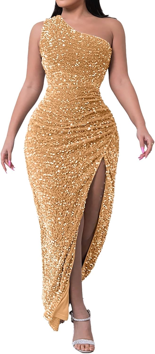 Feestjurk voor dames, lang, avondjurk, lange avondjurk voor dames, één schouders, glitter, maxi-jurk met split en pailletten, cocktailjurk, elegant, glanzend, carnavalskostuum, bruiloft