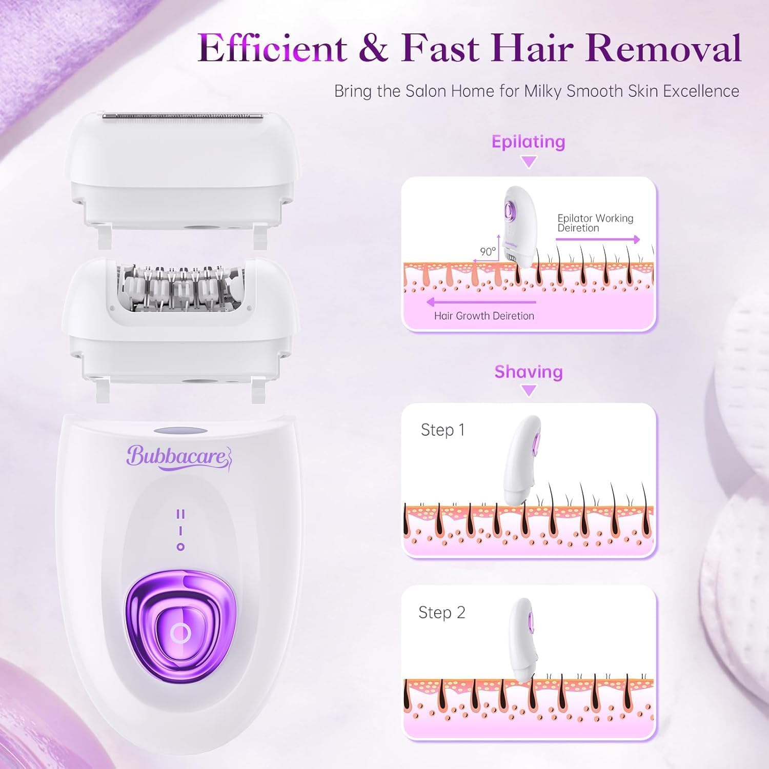 Epilatore per donne, dispositivo di depilazione facciale senza fili, con testina e rasoio, epilatori a scorrimento liscio, 2 velocità e 36 pinzette per viso, gambe, braccia, ascelle bikini