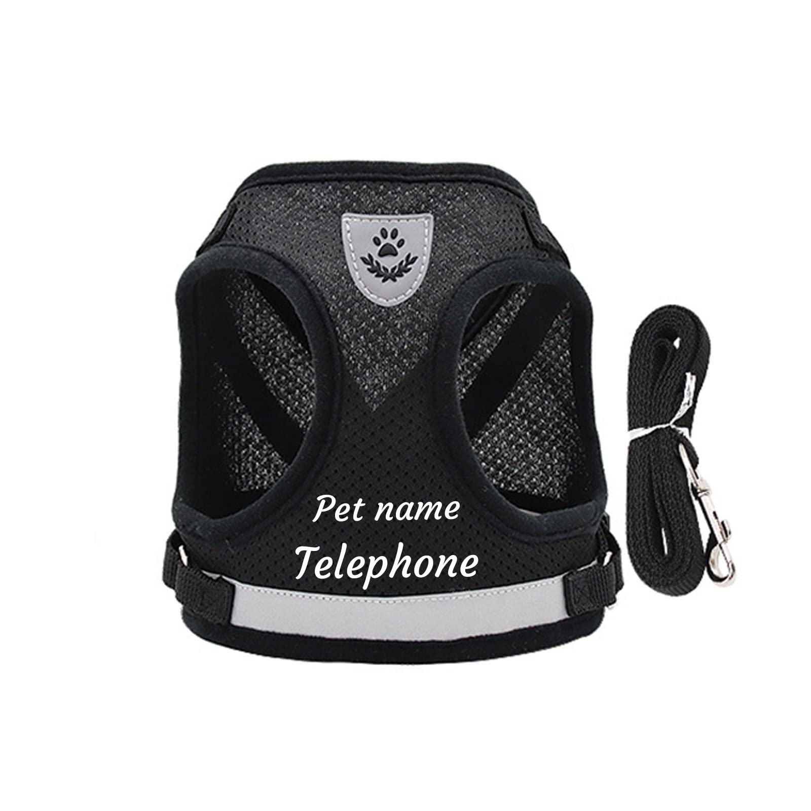 Deggodech Personalized Dog Harness with Pet Name & Phone, Reflective Personalised Dog Harness with Name Soft Breathable Custom Cat Vest Harness and Leash Set for Small Medium Large Dog (Black, L)