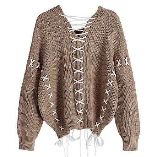 ZAFUL Women's V Neck Distressed Sweater Color Block Knit Pullover Ripped Tops Dark Khaki