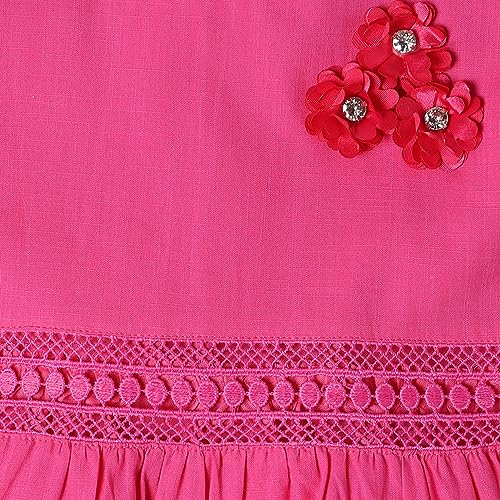 Image of Soft Cotton Lace Work Knee Length Fit & Flare Dress for Kids & Girls, Flower Embellished Frock for Casual & Special Occasion