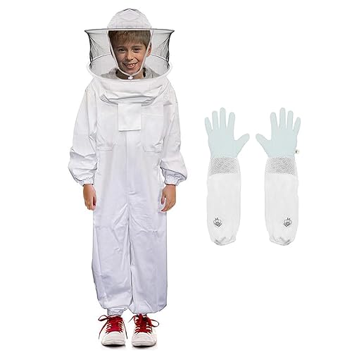 Luwint Trajes de apicultura ventilados de cuerpo completo para niños, traje de apicultor de abeja de algodón con capucha de esgrima de velo redondo
