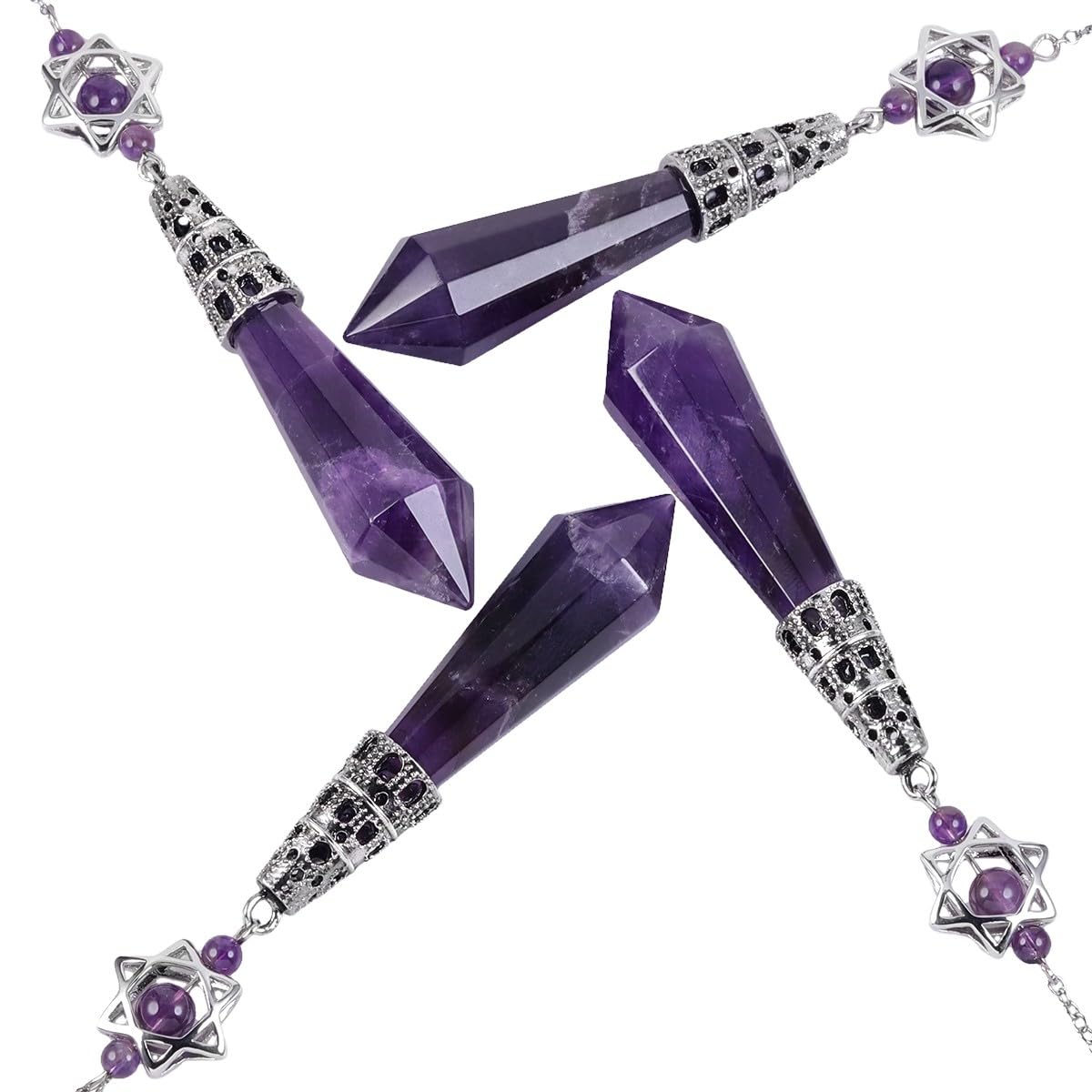 mookaitedecor Natural Amethyst Crystal Divination Dowsing Pendulum Faceted Purple Crystal Point Pendulum with Merkaba Star Dream Catcher Reiki Healing Crystal Witchcraft Wiccan Supplies Decor Gift - Image 3
