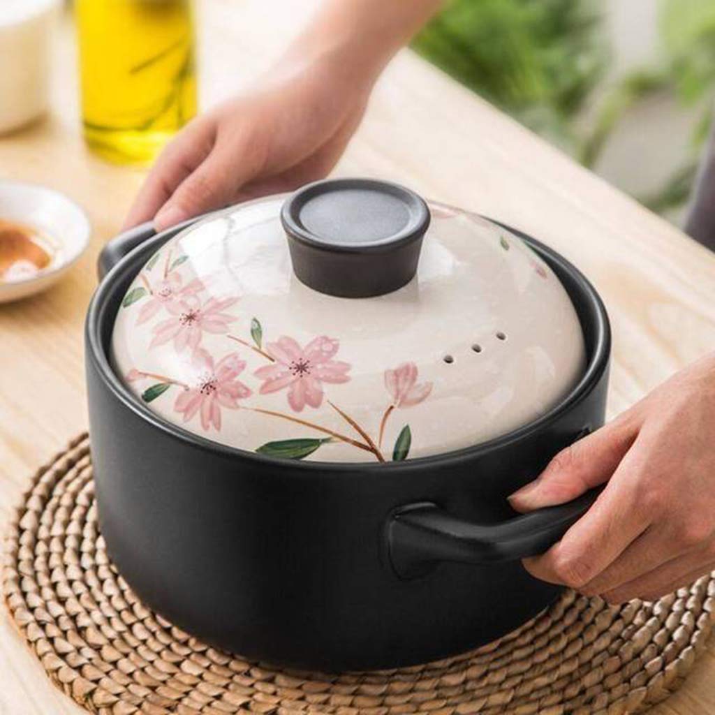 Heat-resistant Round Clay Pot With Lid,Japanese Sakura Donabe Ceramic Hot Pot Casserole,Double Handle Earthen Pot Healthy Soup Pot For Stew-Sakura 1.3l