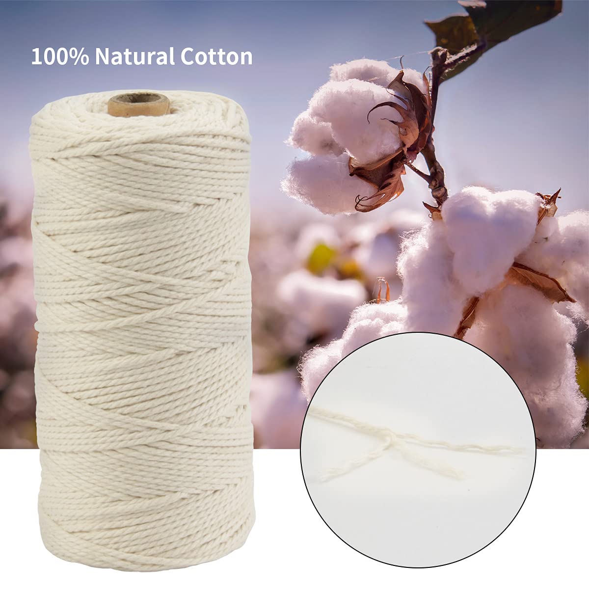 Sznurek do makramy, POZEAN 2 mm x 220 jardów (około 200 m) kolorowa lina makramowa, 100% naturalna bawełniana lina do powieszenia na ścianie, wieszaki na rośliny, DIY rękodzieła dziane, projekty dekoracyjne na Boże Narodzenie ślub (beżowyżółty)