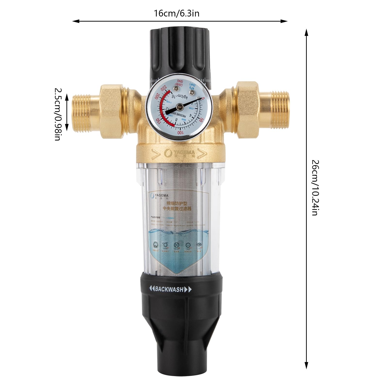Filtro acqua domestica, filtro sedimentario da 40 μm, con indicatore di pressione dell'acqua, grande portata 6613,8 lbs/H, filtro dell'acqua del rubinetto per filtrazione sedimentaria (25 mm)