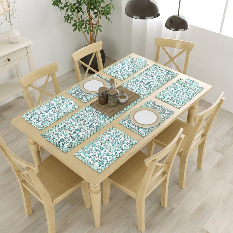 Image of BLOCKS OF INDIA Hand Block Printed Cotton Table Runner, Mat and Napkin Set for Center /Dining Table (Turq JAAL), 13 Pc Set