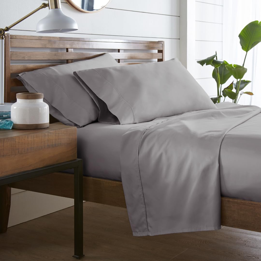 Westbrooke Linens 400 Thread Count 100% Long-Staple Cotton Pleated Hem Sheet Set, Solid Sateen Weave, Wrinkle Free, Elastic Deep Pocket, Hotel Collection, Luxury Bedding Sheet Set (Twin, Grey Silver)