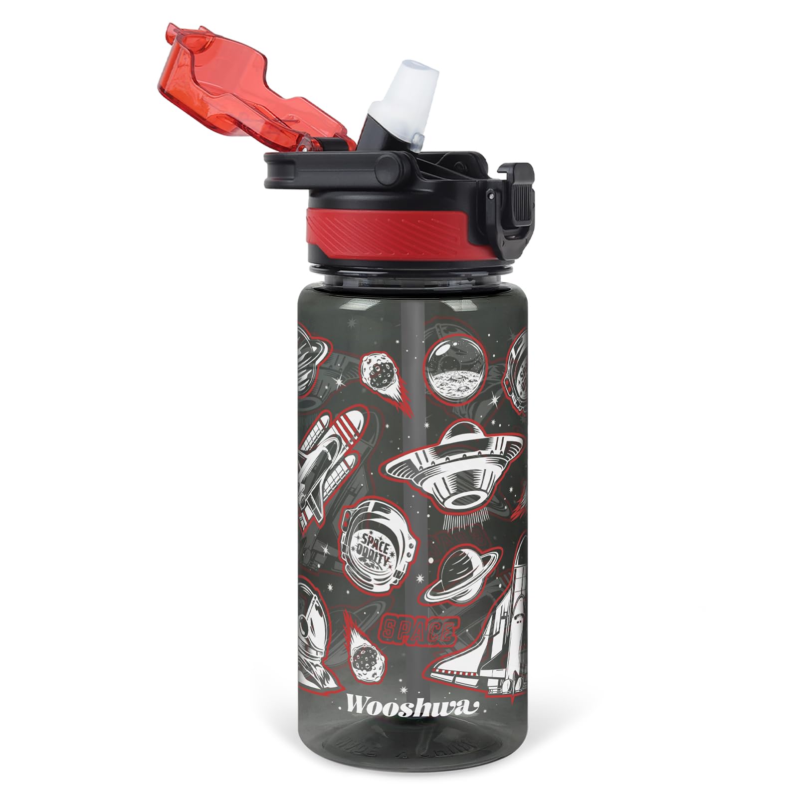 omedecal 600ml Kids Water Bottles, BPA Free Water Bottle with Straw and Handle, Childrens Sports Drinks Bottle, Personalised Cup for Boys Girls, School (Spacecraft)